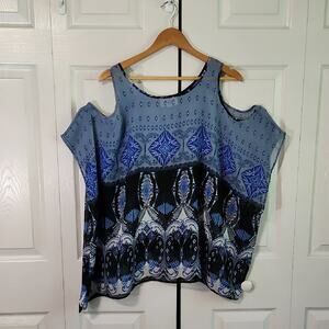Arianna By Howards Multi-Colored Blouse OS Sheer Cold Shoulder Boho Abstract